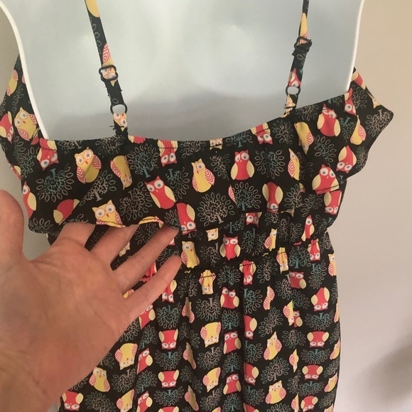 Hana by Morena black Owl design Spaghetti strap mini flounce dress size small - Picture 4 of 8